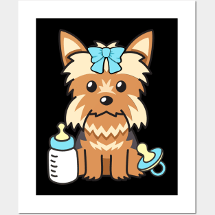 Cute baby yorkshire terrier getting its milk and pacifier Posters and Art